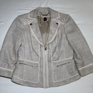 White House Black Market Tweed Beige Zip Jacket Blazer 3/4 Sleeve Womens 4 EUC